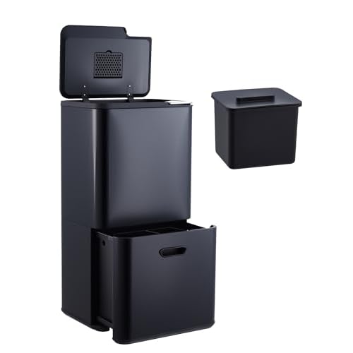 Garvee 16 Gal Dual Trash Can for Kitchen, 2 Compartment (33l + 28l) Garbage Can with Compost Bin, Stainless Steel Trash and Recycle Bin Combo with Rem
