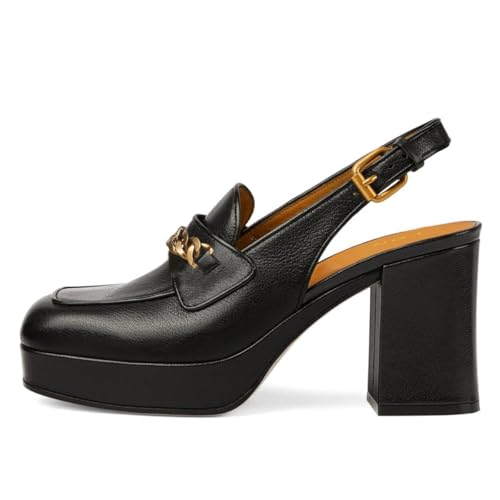 YDN Women Platform Square Toe Chunky High Heel Pumps Slingback Strap Buckle Chains Loafer Shoes Daily Shopping Outdoor Size 4-16 US2