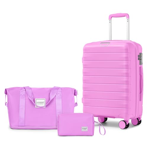 Image of LARVENDER Carry On Luggage 22x14x9 Airline Approved, Suitcases with Wheels | Hardside PP Carry On Suitcase with Duffel Bag, Luggage Sets for Women Men, TSA Lock, Neon Pink
