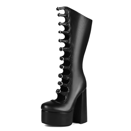 KOKOMOMO Gothic Lolita Boots Knee High Chunky Heels Platform Y2K Punk Cutout Combat Boots Side Zipper Stripper Heels Cool Front Buckles Block Tall Boot Mid Calf Cosplay Shoes