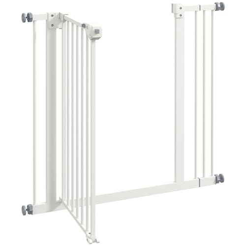 PawHut Türschutzgitter Treppenschutzgitter mit 7 cm Verlängerung Türgitter ohne Bohren mit Auto-Close Treppengitter für Breiten 74-87 cm Beidseitig Schwenkbar Metall Weiß