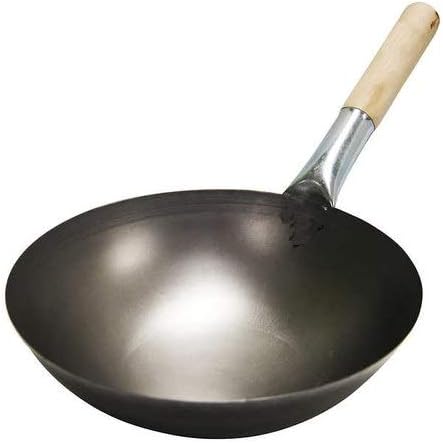 Chinese Iron Wok Restaurant Style Kadai with Wooden Handle (Large, Silver)