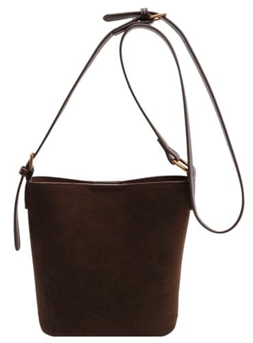Suede Bucket Bag for Women Vintage Leather Shoulder Bag Tote Purse Minimalist Crossbody Handbag with Adjustable Strap - Main Image
