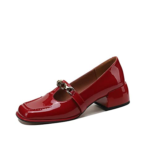 TinaCus Handmade Women's Patent Leather Chain T-Strap Square Toe Low Chunky Heel Mary Janes Pumps Shoes