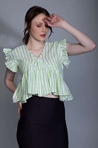 Image of Leriya Fashion Women's Western Regular Fit Crop Tops | Fancy Stripped with Ruffle Sleeves | Button Down Lightweight Cotton for Girls | Suitable for College Office Casual Wear for Ladies