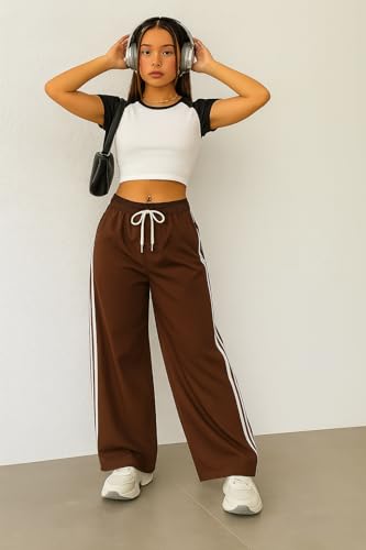 Image of SAKHWALA Women Track Pant | Women's Wide Leg Track Pants High Waist Drawstring Sweatpants with Side Stripes, Casual Loose Fit Lounge Joggers, Dark Grey