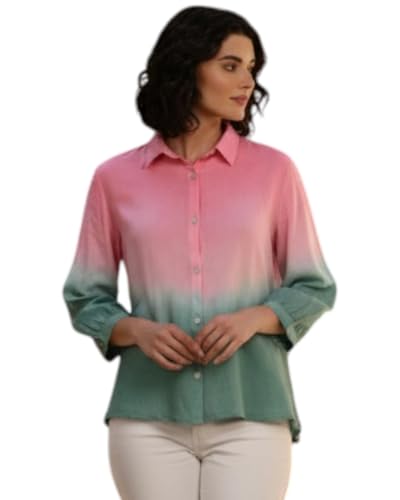 Image of Maaesa Women Handmade Ombre Tie & Dye Rayon Shirt | Relaxed Fit | Lightweight & Breathable | Long Sleeve Button-Down | Classic Collar | Casual & Office Wear