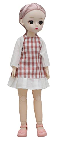 Image of Tickles Set Movable Jointed Makeup Cute Girl Brown Eyes Fashionable Doll Check Design Frock for Girls (Color: Red and White Size: 30 cm)