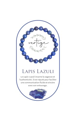VERTIGE Bracelet de lithothérapie LAPIS-LAZULI, Pierres Naturelles Minérales 8mm, Source de bien être et Physique, Apporte TRANQUILLITÉ et LUCIDITÉ, Aide à canaliser son STRESS,Femme/Homme