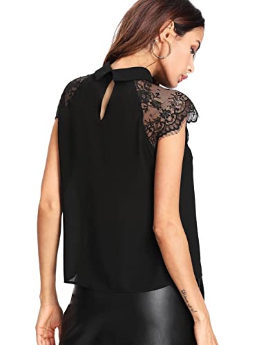 Floerns Women's Lace Splice Collar Cap Sleeve Office Blouse Tops2