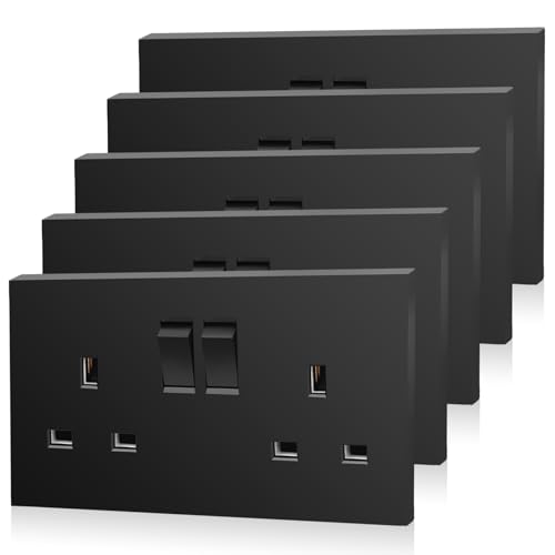 5 Pack CNBINGO Double Switched Power Socket Electric Power Socket 2 Gang 13 Amp Black Double Wall Outlet
