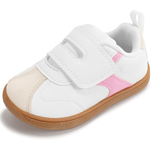 WIDE TOE BOX Wide Toddler Shoes Girls Flexible Barefoot Tennis Shoe Baby First Walking Sneakers Kids Fashion Leather School Non Slip Gym Indoor Sport White Pink Toddler Size 7 US