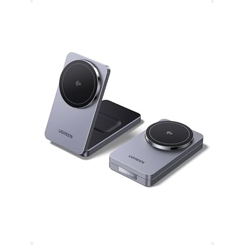 UGREEN Qi2 15W MagFlow Wireless Charger, 2-in-1 MagSafe Fast Charging Station, Foldable Charger Stand for iPhone 17/16/15/14/13/12 Series, AirPods 4/3/2/Pro, with a 3.3FT USB C Charging Cabl