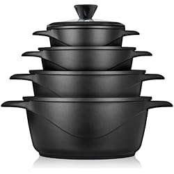 Cazuelas Bbj briebe Batería Cocina Inducción 8 Piezas, Juego 4 Ollas Aluminio Fundido, Antiadherente ILAG GRANITEC sin PFOA, Set Cazuelas Tapas Cristal, Guantes Silicona, Vitrocerámica, Gas, Horno.