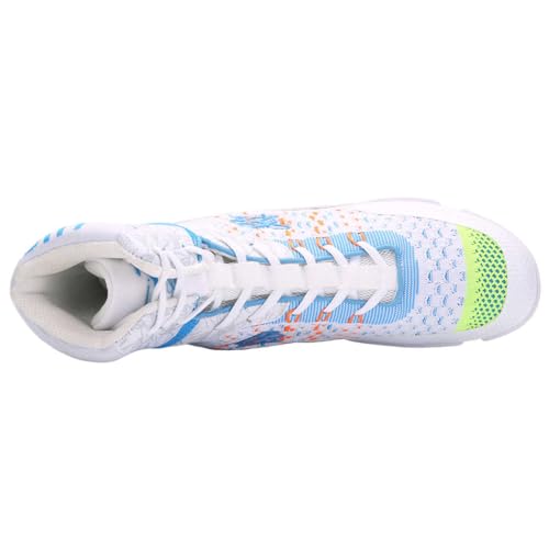 Image of Professional High-Top Boxing Shoes for Men & Women - Lightweight Wrestling Boots with Rubber Grip Sole - Breathable Microfiber & Mesh Training Shoes for MMA, Gym & Lifting (Grey, White, Blue)
