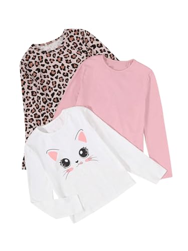 Image of SweatyRocks Girl's 3 Pack Cute Long Sleeve T Shirt Leopard Print Crew Neck Casual Tee Tops Multicolor 8Y