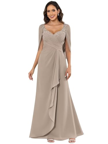 Lace Mother of The Bride Dresses with Cape Sleeves Chiffon Pleated Long Formal Evening Gown