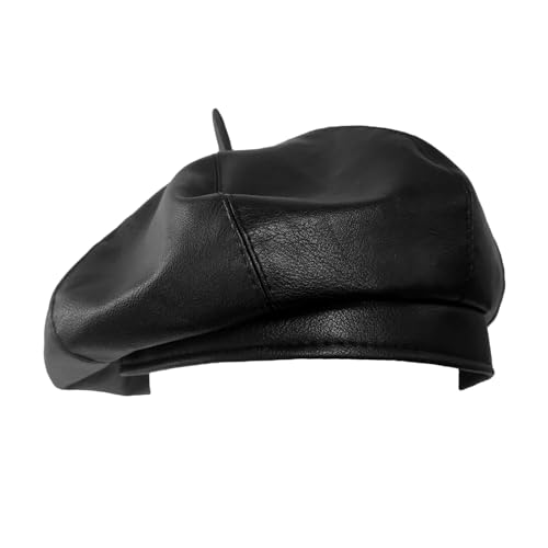 Béret français femme noir en similicuir casquette bonnet décontracté