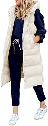 LEANI Womens Long Puffer Vest Full-Zip Hooded Sleeveless Down Jacket Coats with Pockets Beige Large