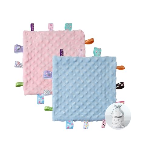 Image of CREVENT Tag Security Blankets for Babies, Soft Small Loveys for Boys, Baby Comforter Sensory Blanket, Great Gifts for Birthday Baby Shower (10 inchX10 inch Blue + Pink Tag)