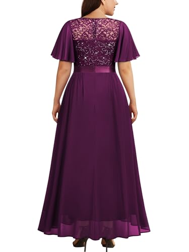 Knitee Women's Plus Size Sparkle Sequin Lace Chiffon Formal Flutter Sleeves Wedding Party Flowy Maxi Dresses2
