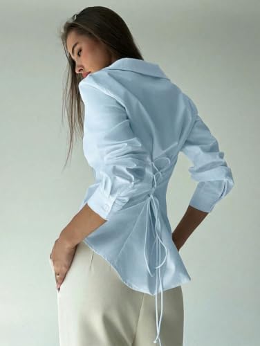 Image of OOMPH! Women Solid Cotton Shirt with Back Tie-Up Detail | Corset Style | Cinched Waist Shirt | Cotton Formal Shirt