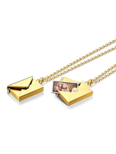 Custom4U Cadeau pour Famille Pendentif Porte Photo Forme Enveloppe Collier Lettre avec Photo Gravé Amour
