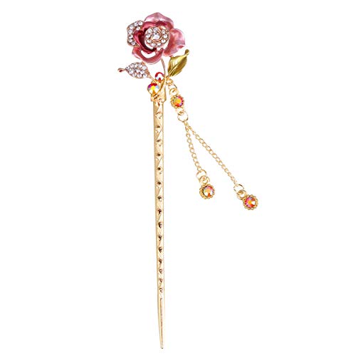 Lurrose Rose Rhinestone Hair Stick Flower Tassel Hair Stick Chinese Chignon Pin Vintage Hair Chopsticks (random color)