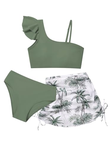 Girls Swimsuits 3 Pcs Bikini Set Ruffle Sleeve Solid Swimwear Tropical Cover Up Skirt Kids Teen Bathing Suit 9-16 Years