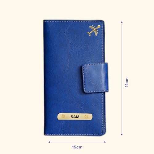 Image of Customized Travel Wallet with Name Engrave | Personalised Passport Holder for Women | Customised Passport Cover for Men and Women | Travel Organizer Gift Wallet (Blue)