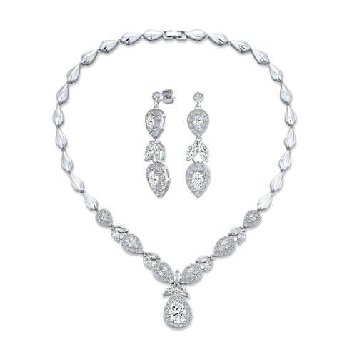 Bling Jewelry Vintage Style Fashion Bridal Multi Marquise Leaf Starburst AAA CZ Solitaire Drop Teardrop Statement Collar Necklace and Earrings For Women Wedding Prom Pageant Silver Plated