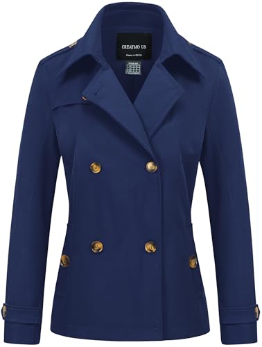 CREATMO US Navy Blue Cropped Trench Coat for Women - Stylish Double-Breasted Jacket with Pockets, Large