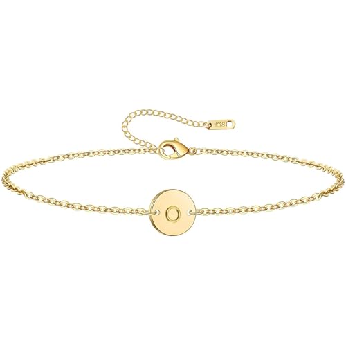 Personalized Initial Bracelet, 18K Gold Plated Stainless Steel Letter Bracelet Dainty Coin Charm Bracelet Delicate Disc Name Bracelet for Women O Gold