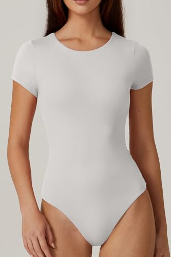 Image of QINSEN Women's Crew Neck Short Sleeve Bodysuit Double Lined Body Suits Basic T-shirt Tops