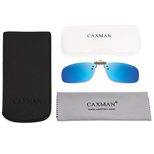 Image of CAXMAN Polarized Clip On Sunglasses Over Prescription Glasses or Reading Glasses for Men Women Flip Up Rimless Rectangle Lens Cover Eyeglasses, Blue Mirrored Lens, 57 * 36mm