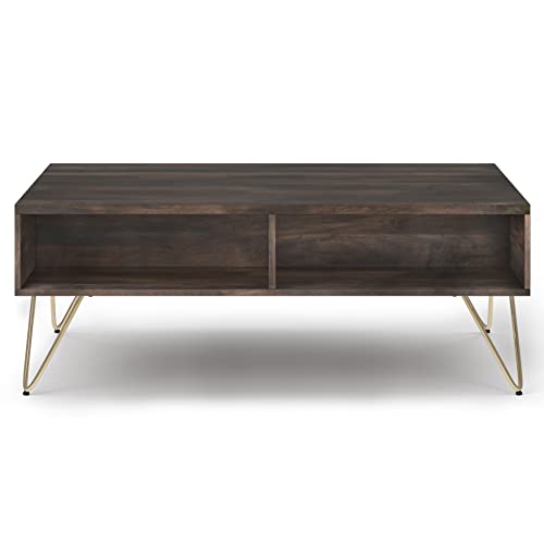 Image of SIMPLIHOME Hunter SOLID MANGO WOOD and Metal 48 inch Wide Rectangle Industrial Lift Top Coffee Table in Ebony for the Living Room and Family Room