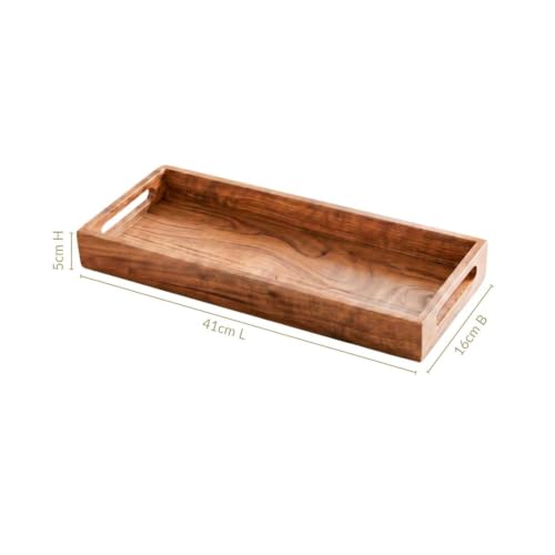 Image of Nestasia Wooden Serving Tray with Handles (41x16cm) - Acacia Wood Rectangular Brown Tray for Dining & Coffee Table | Platter for Serving Tea, Cakes, Snacks, Breakfast & Home Decor (Warm Honey-Brown)