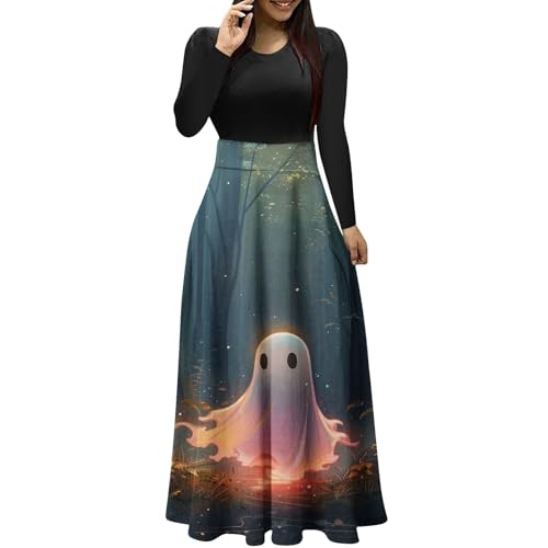 Vestidos femininos de manga longa slim túnica para mulheres, gola canoa, férias, Halloween, engraçad