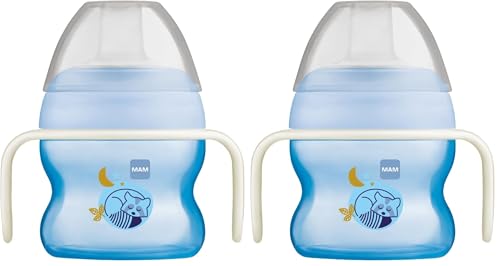 Image of MAM Starter Cup Glow in The Dark Handles, Baby Cup for 4+ Months, Baby Feeding, Glow in The Dark Toddler Cup, 1x 150 ml, Blue (Designs May Vary) (Pack of 2)