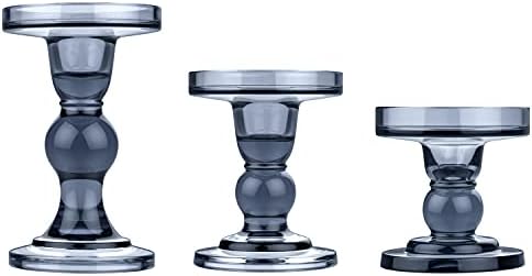Lewondr Glass Candle Holders, 3 Pieces Crystal Clear Candlesticks with Elegant Design for Pillar Taper Candle and Tea Light, Home Table Living Room Wedding Party Decorations Home Décor - Smoky Blue