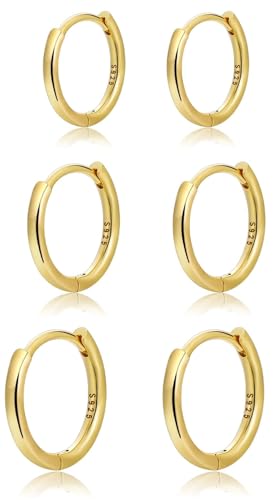 WBX S925 Sterling Silver Small Gold Huggie Hoop Earrings Set for Women 14K Real Gold Plated Earrings 12 Gauge Hypoallergenic for Sensitive Ears Cartilage Piercings Jewelry Gifts 6/8/10/12/14/16/20mm