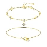 Pulsera de oro para mujer, chapada en oro y plata, trébol de cuatro hojas, apilable, delicada en capas, ajustable, no se mancha, cadena de eslabones impermeable, acero inoxidable, circonita cúbica