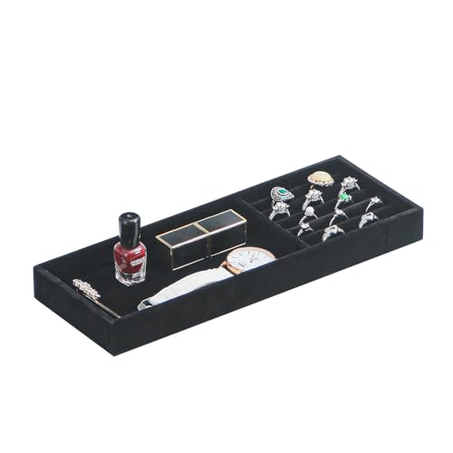 Divided Drawer Organizer - Velvet Jewelry Storage Tray for Necklace, Bracelet, Ring, Earring Display - Bedside Nightstand Desk Holder for Phone, Watch, Sunglasses, Cosmetics Storage - Black, 2 Grid