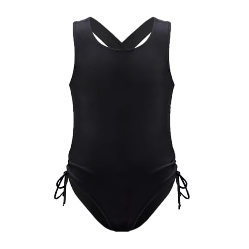 BBXWANG Girls One Piece Swimsuit, Girls Swimming Costume Bathing Suit Swimwear with Side Drawstring (UK, Age, 15 Years, 16 Years, Regular, Black)