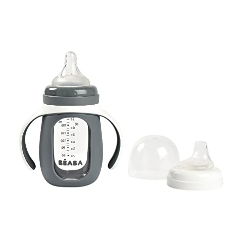 Image of BEABA 2-in-1 Glass Baby Bottle to Glass Transition Sippy Cup, Spill Proof Sippy Cup, Toddler Baby Bottle with Soft Silicone Nipple and Spout, 7 oz (Charcoal)