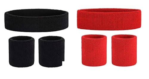 CARE 'N' TOUCH Gym Wrist Band for Men and Women - Cotton Wristband and Headband Combo, 2.5 inch (Black + Red)