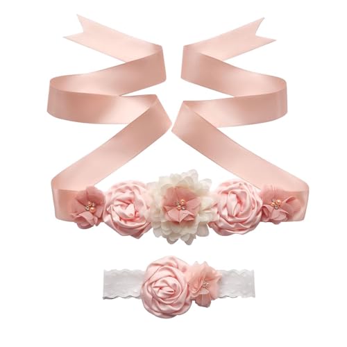 Krujecnt Cinturón Flower Girls Sash, Conjunto De Cinturón Y Diadema para Vestido, Flor De Perlas De Cristal Cinturón Y Diadema para El Vestido, Accesorios De Vestir para Maternidad Fiesta De Boda