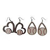 2 Pairs Lightweight Wooden Sports Ball Earrings Hollow Wood Dangle Drop Earring Vintage Baseball Bas