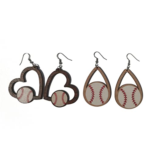 2 Pairs Lightweight Wooden Sports Ball Earrings Hollow Wood Dangle Drop Earring Vintage Baseball Basketball Statement Earrings Sports Game Jewelry For Women Girls Teen (Baseball) #TOP30