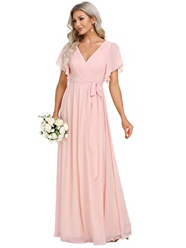 Ever-Pretty Women's V-Neck Ruffles Sleeves Maxi Dresses for Women UK Bridesmaid Pink 20UK